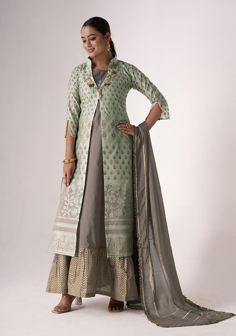 Blue Resham Embroidered Art Silk Jacket Set - Indya