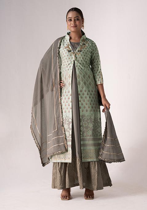 Blue Resham Embroidered Art Silk Jacket Set