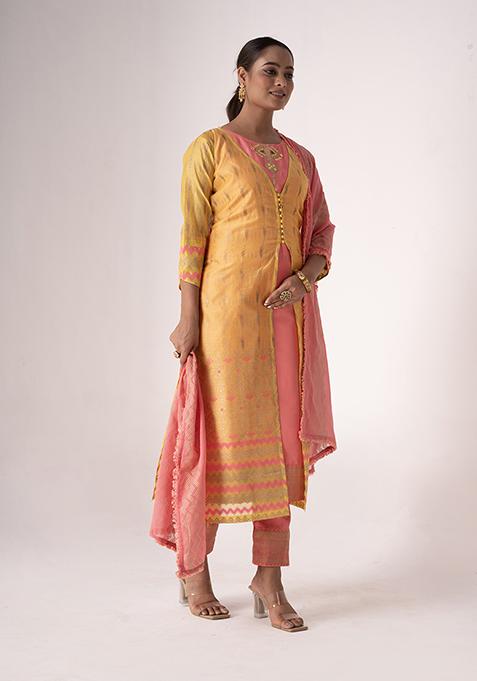 Mustard Resham Embroidered Art Silk Kurta Set