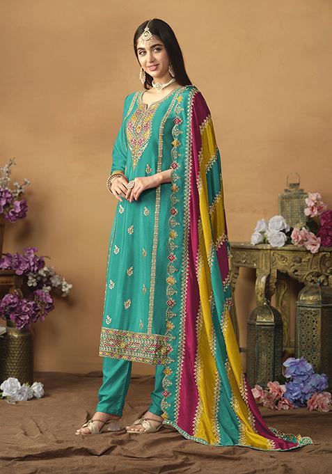 Sea Green Zari Embroidered Art Silk Kurta Set