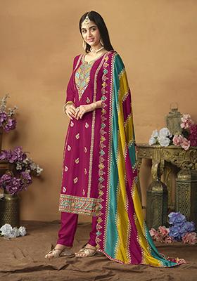 Pink Zari Embroidered Art Silk Kurta Set
