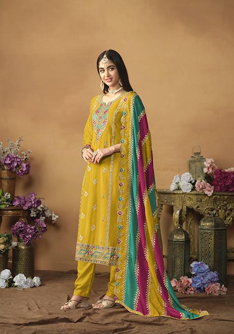 Yellow Zari Embroidered Art Silk Kurta Set