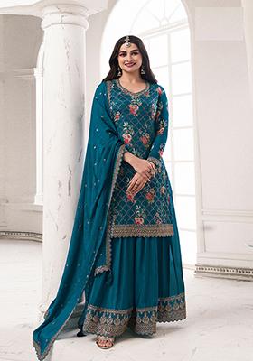 Aqua Blue Zari Embroidered Art Silk Kurta Set