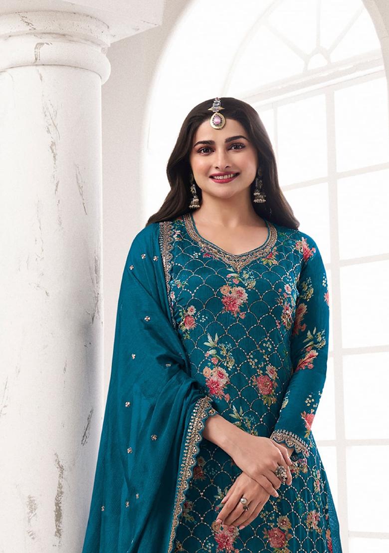 Aqua Blue Zari Embroidered Art Silk Kurta Set - Indya