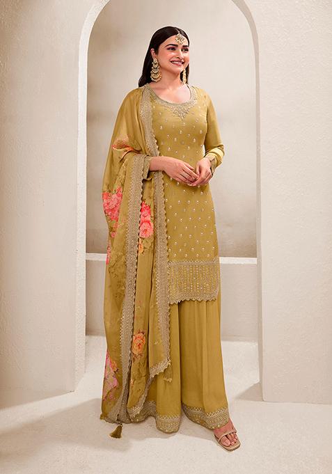 Mustard Zari Embroidered Viscose Kurta Set