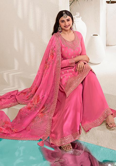 Pink Zari Embroidered Viscose Kurta Set