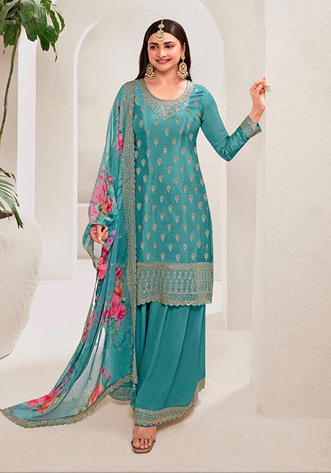 Sky Blue Zari Embroidered Viscose Kurta Set