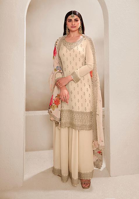 Cream Zari Embroidered Viscose Kurta Set