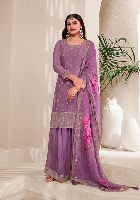 Purple Zari Embroidered Viscose Kurta Set