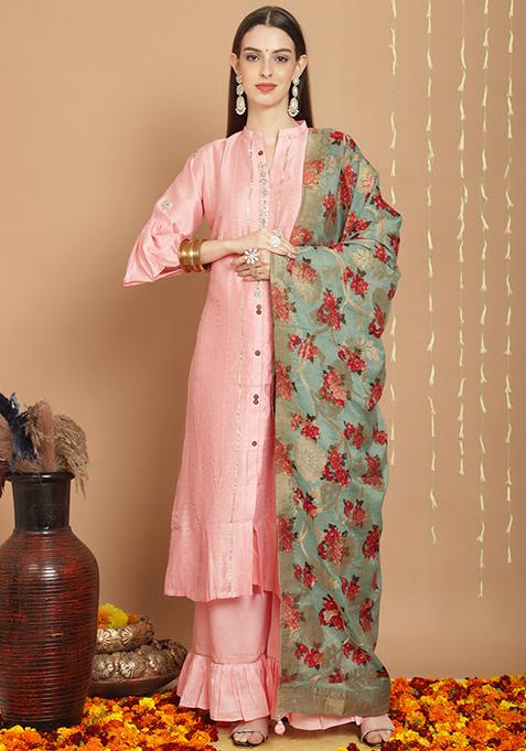 Pink Zari Embroidered Art Silk Kurta Set