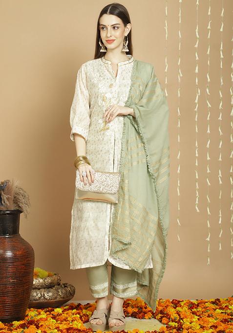 Off White Zari Embroidered Art Silk Kurta Set