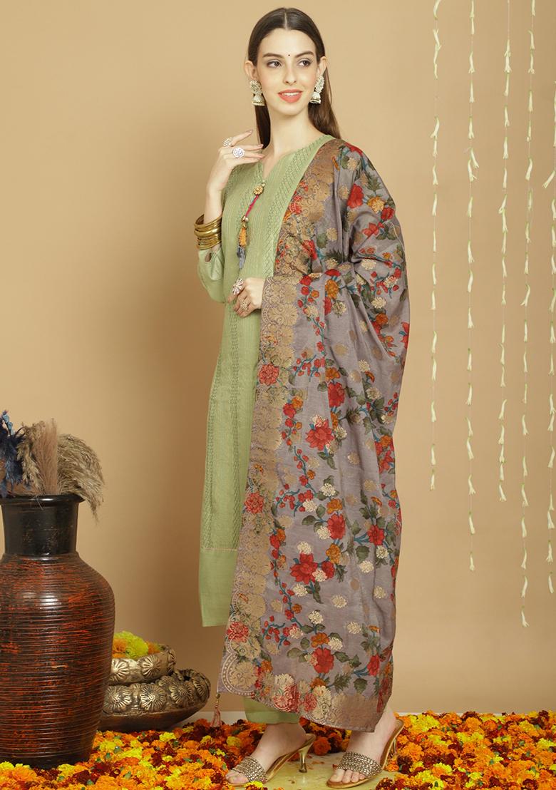 Green Zari Embroidered Art Silk Kurta Set - Indya