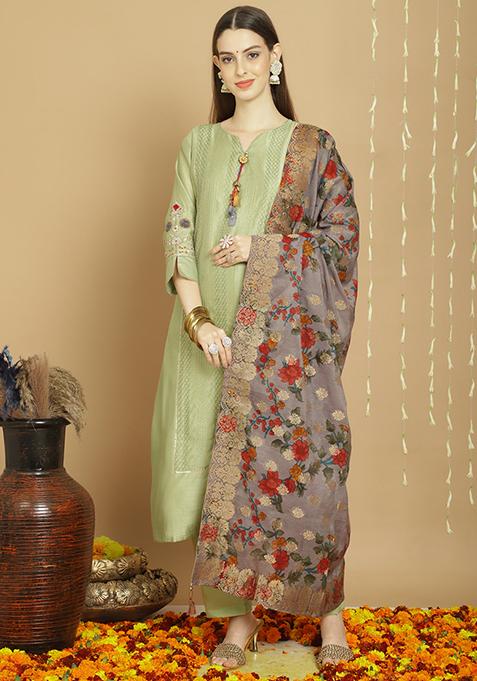 Green Zari Embroidered Art Silk Kurta Set