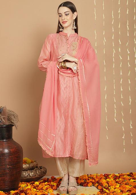 Pink Zari Embroidered Art Silk Kurta Set