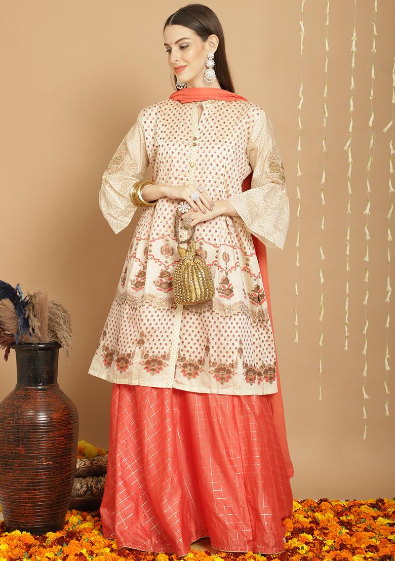 Cream Zari Embroidered Art Silk Kurta Set - Indya