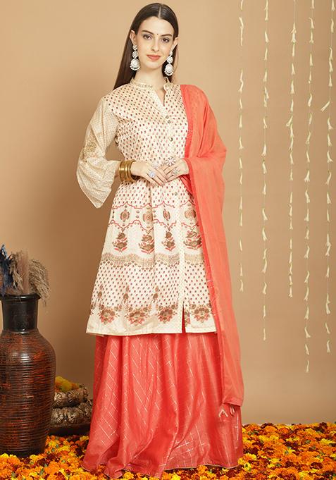 Cream Zari Embroidered Art Silk Kurta Set