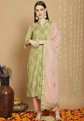 Green Zari Embroidered Art Silk Kurta Set