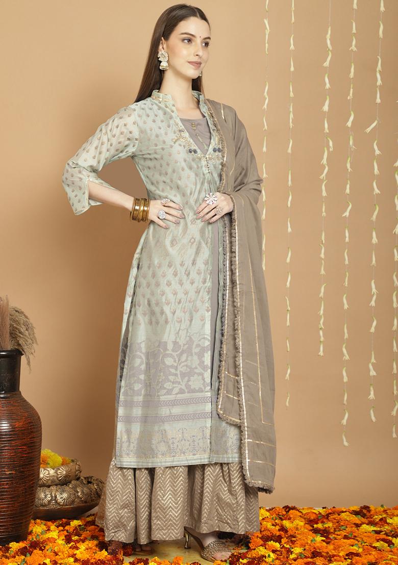 Blue Zari Embroidered Art Silk Kurta Set - Indya