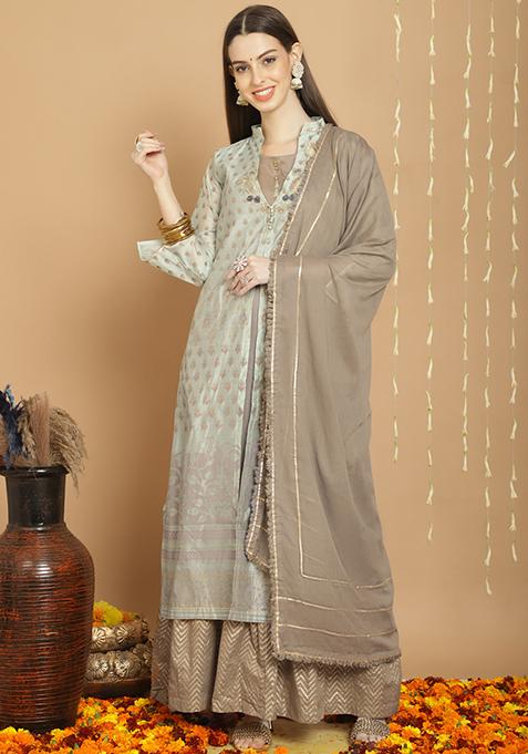 Blue Zari Embroidered Art Silk Kurta Set