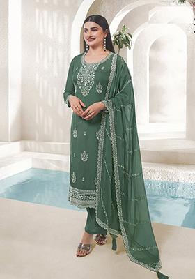 Green Zari Embroidered Organza Kurta Set