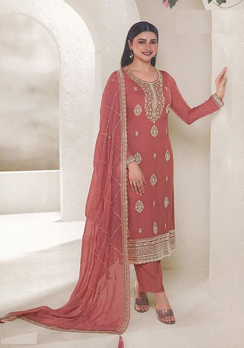 Peach Zari Embroidered Organza Kurta Set