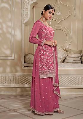 Pink Zari Embroidered Art Silk Kurta Set