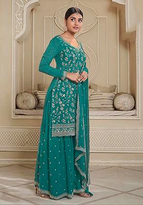 Green Zari Embroidered Art Silk Kurta Set