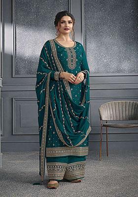 Teal Blue Zari Embroidered Art Silk Kurta Set