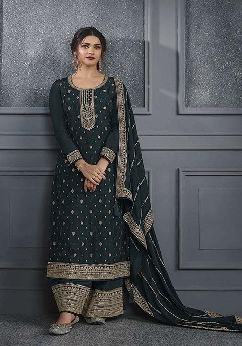 Grey Zari Embroidered Art Silk Kurta Set