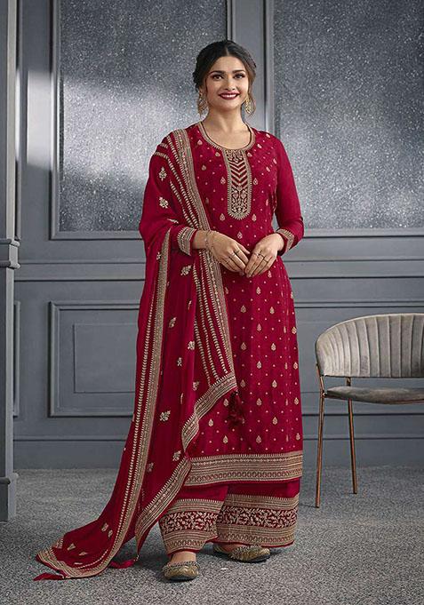 Red Zari Embroidered Art Silk Kurta Set