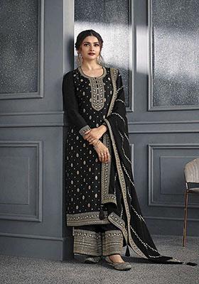 Black Zari Embroidered Art Silk Kurta Set