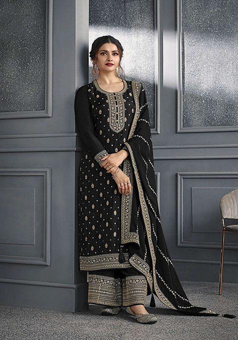 Black Zari Embroidered Art Silk Kurta Set