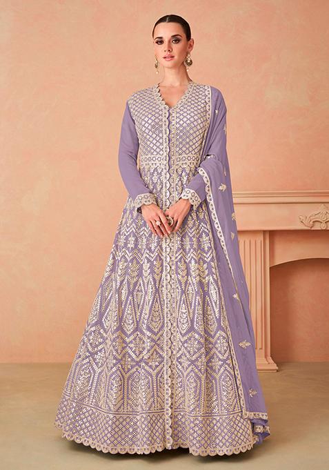 Violet Resham Embroidered Georgette Kurta Set