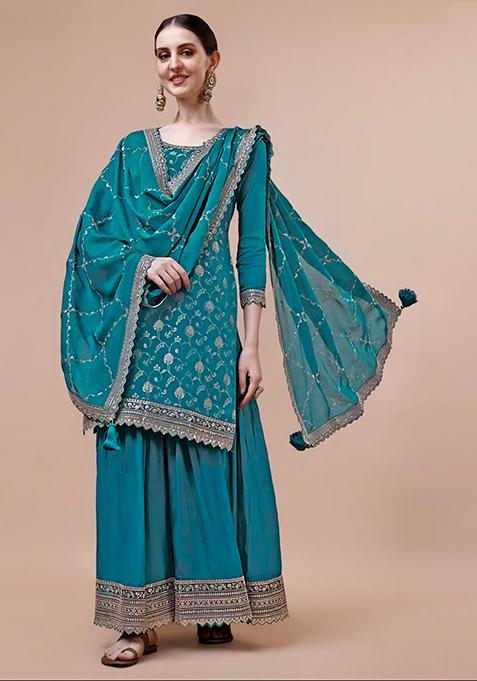 Blue Zari Embroidered Viscose Kurta Set