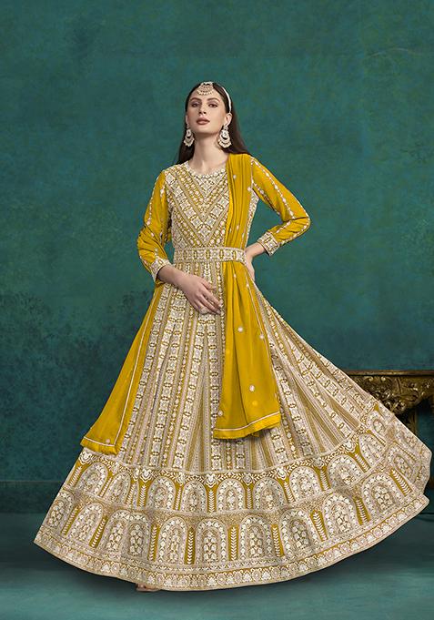 Yellow Resham Embroidered Faux Georgette Kurta Set