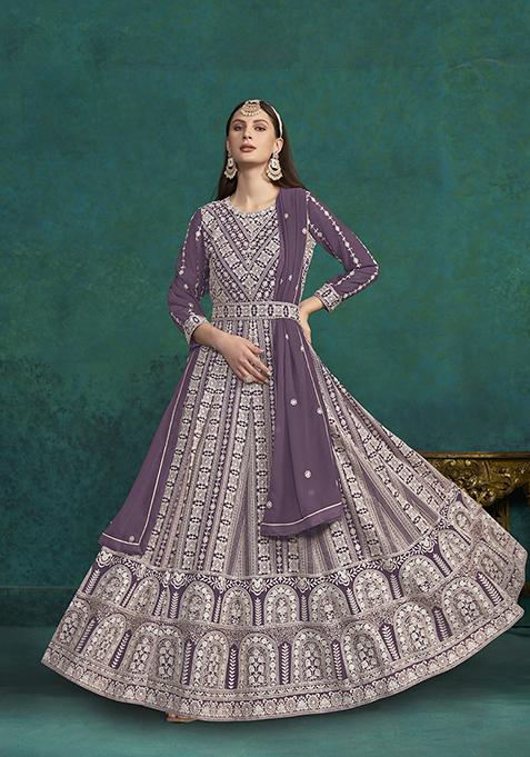 Purple Resham Embroidered Faux Georgette Kurta Set