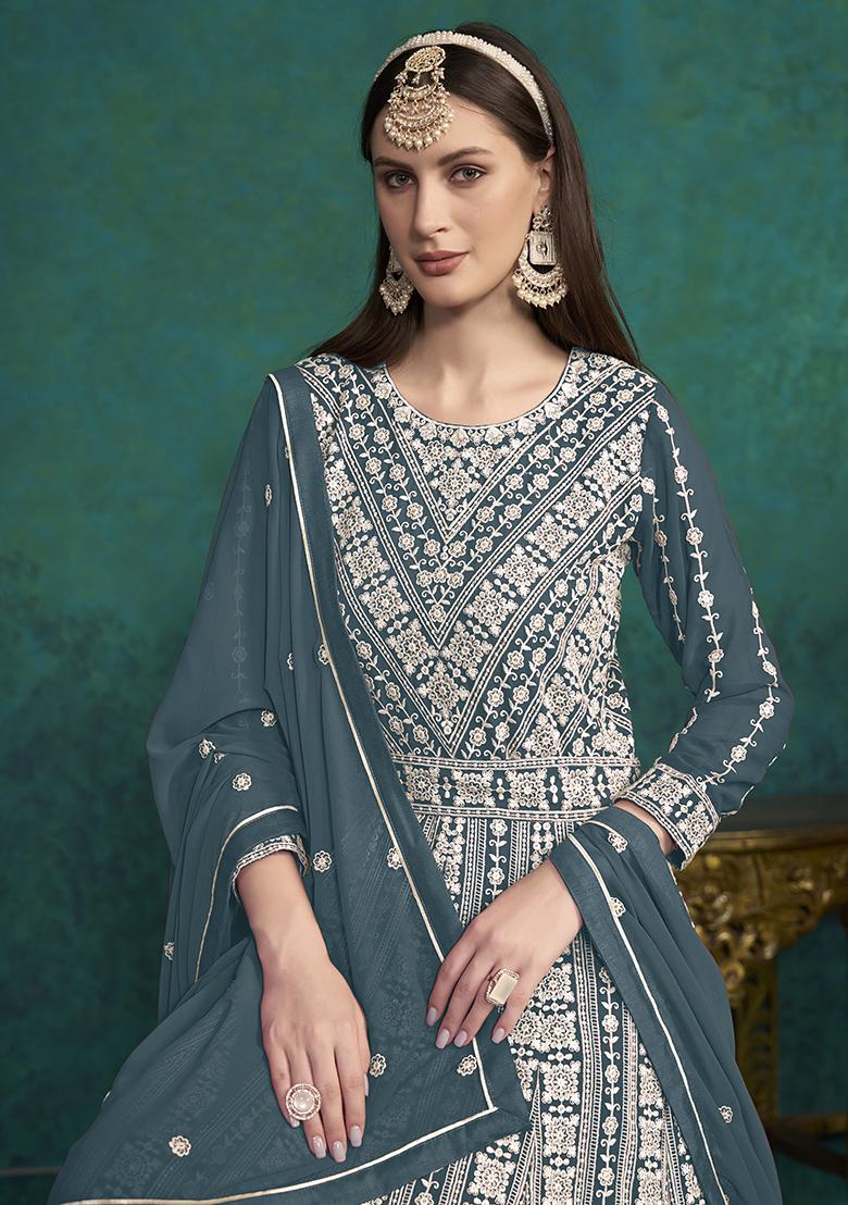 Blue Resham Embroidered Faux Georgette Kurta Set - Indya