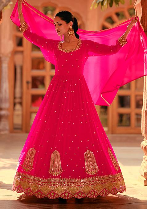 Pink Zari Embroidered Georgette Kurta Set