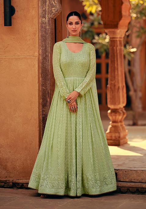 Green Zari Embroidered Georgette Kurta Set