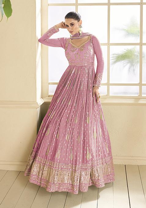 Pink Zari Embroidered Georgette Kurta Set