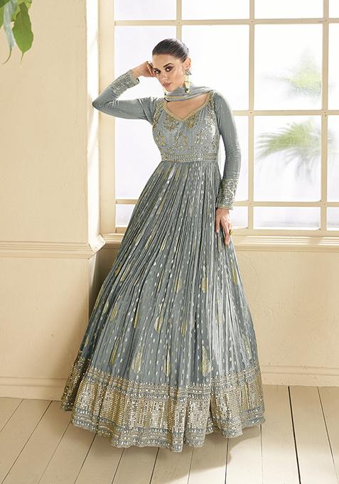 Grey Zari Embroidered Georgette Kurta Set