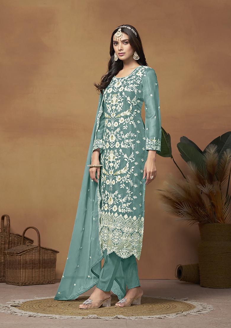 Blue Resham Embroidered Organza Kurta Set - Indya