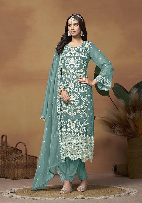 Blue Resham Embroidered Organza Kurta Set