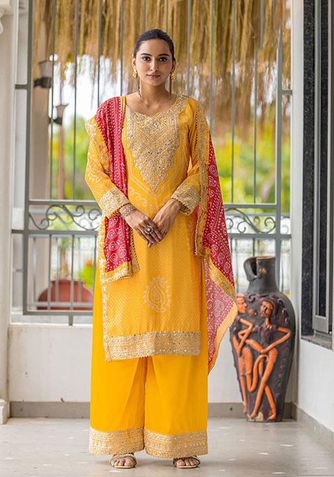 Yellow Zari Embroidered Art Silk Kurta Set