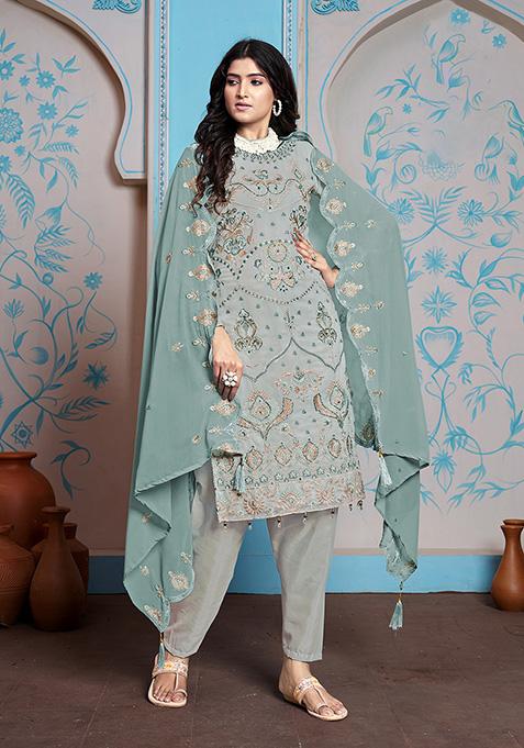 Grey Resham Embroidered Faux Georgette Kurta Set