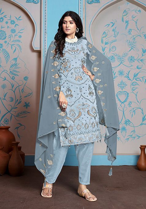 Blue Resham Embroidered Faux Georgette Kurta Set