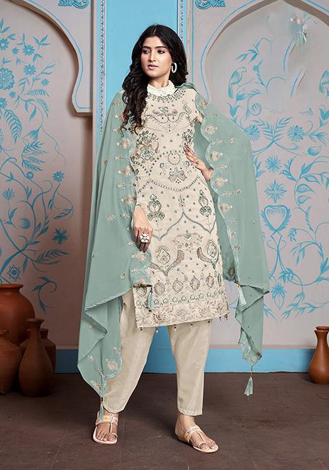 Cream Resham Embroidered Faux Georgette Kurta Set