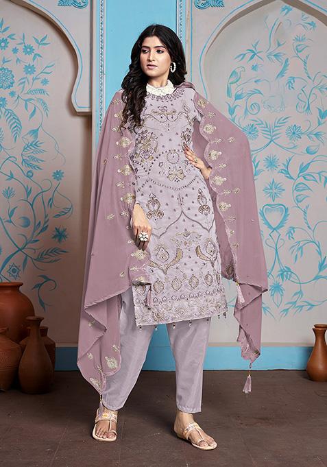 Purple Resham Embroidered Faux Georgette Kurta Set