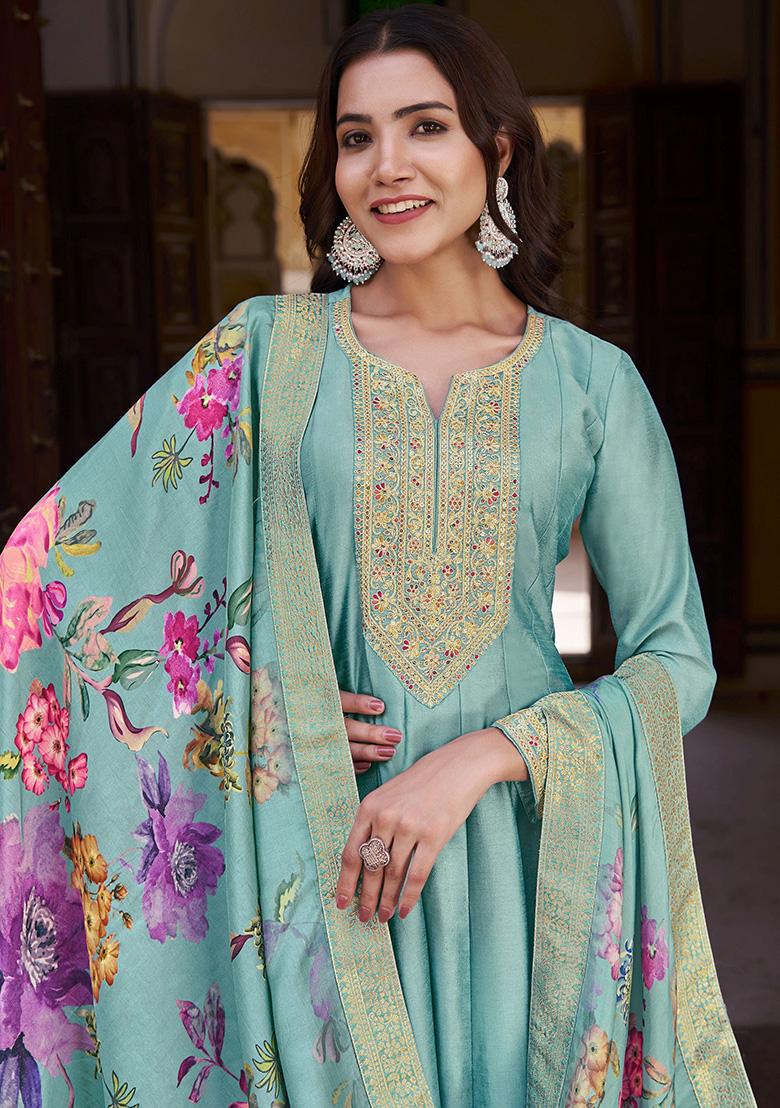 Sky Blue Zari Embroidered Art Silk Kurta Set