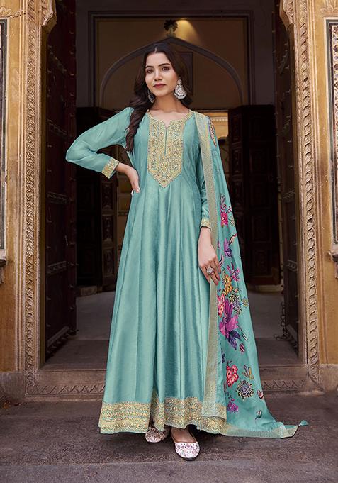 Sky Blue Zari Embroidered Art Silk Kurta Set